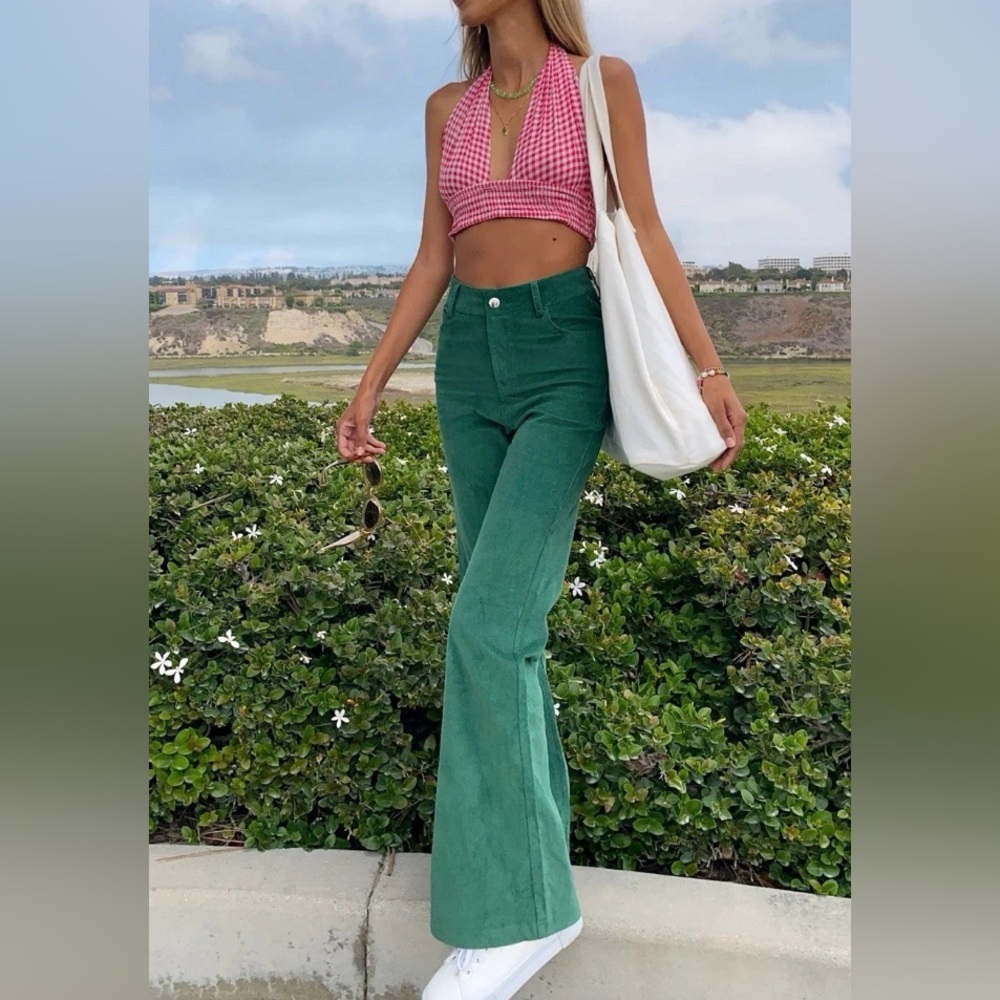 Princess Polly Nadia Corduroy Flare Pant Green Solid High Rise 0